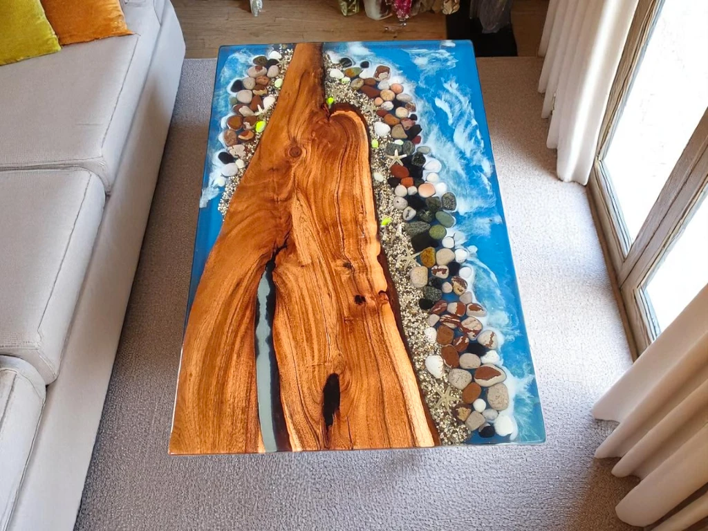Clear Epoxy Resin Dining Table With Pebbles